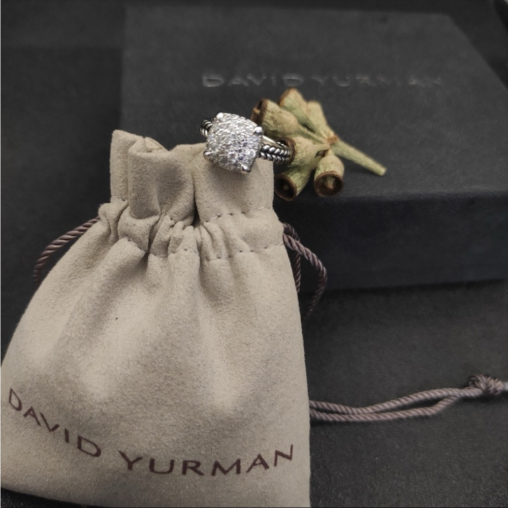 David Yurman Silver Cable Ring with Pave Diamonds - White  sz8